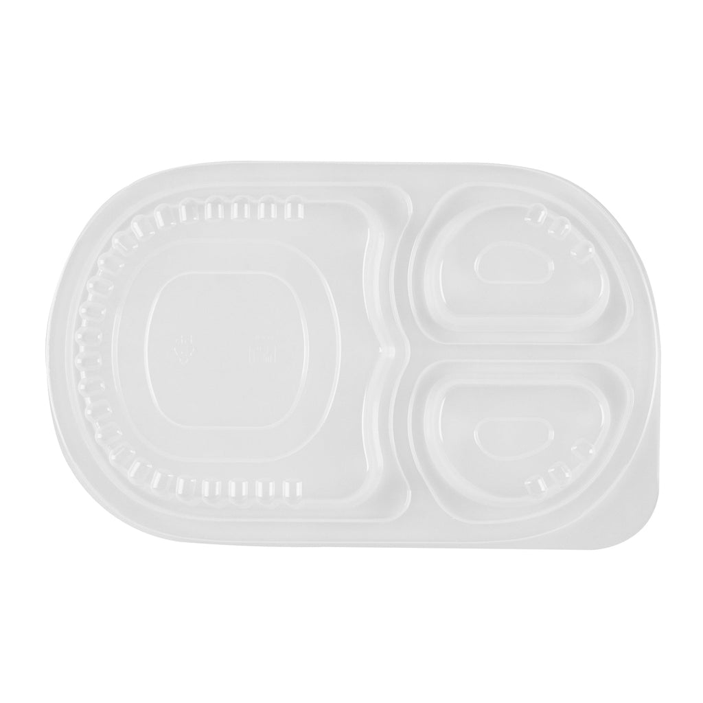 Chef 101 19 oz Oval Black Plastic Food Container - with Clear Lid, 3 Compartments, Microwavable - 9 1/4" x 6" x 2 1/4" - 100 count box