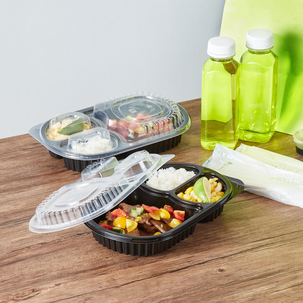 Chef 101 19 oz Oval Black Plastic Food Container - with Clear Lid, 3 Compartments, Microwavable - 9 1/4" x 6" x 2 1/4" - 100 count box