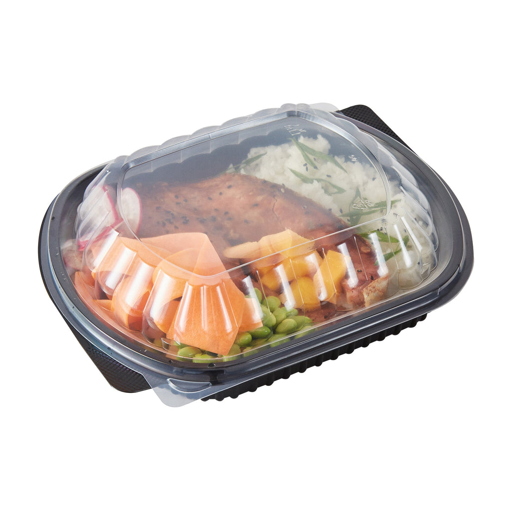 Chef 101 34 oz Oval Black Plastic Food Container - with Clear Lid, Microwavable - 9 1/2" x 8" x 2 3/4" - 100 count box