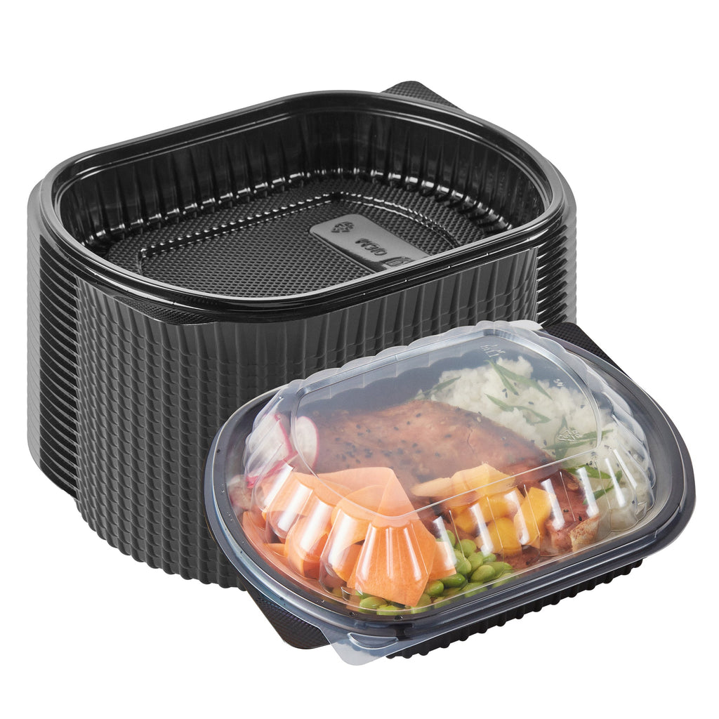 Chef 101 34 oz Oval Black Plastic Food Container - with Clear Lid, Microwavable - 9 1/2" x 8" x 2 3/4" - 100 count box