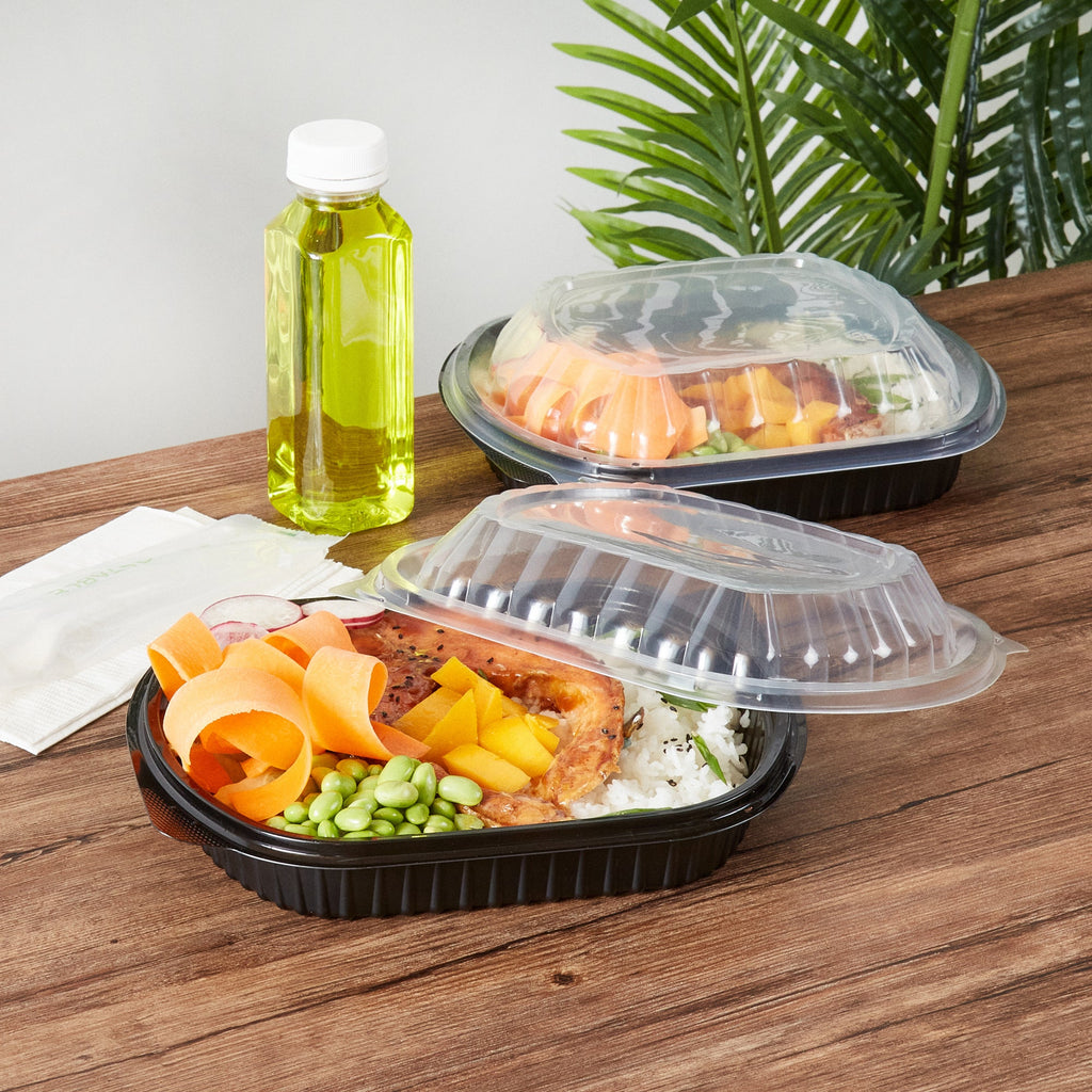 Chef 101 34 oz Oval Black Plastic Food Container - with Clear Lid, Microwavable - 9 1/2" x 8" x 2 3/4" - 50 count box