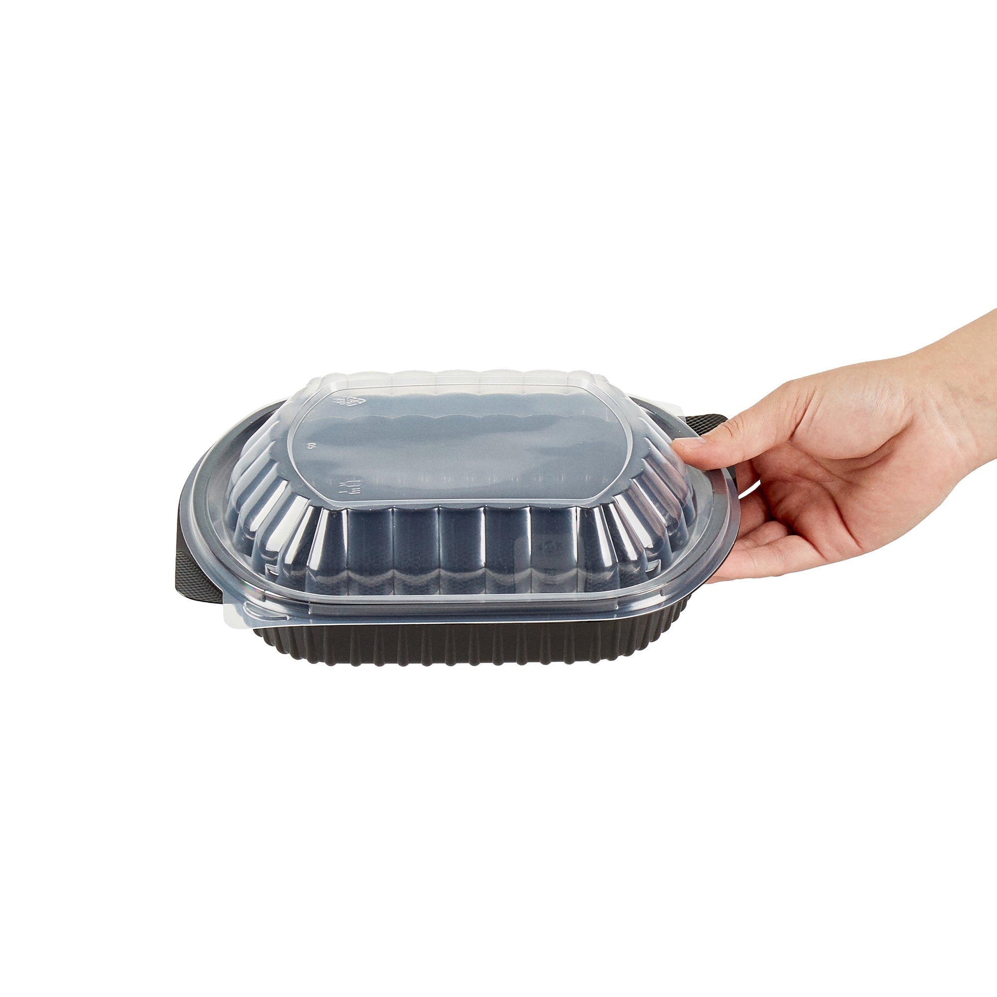 Chef 101 34 oz Oval Black Plastic Food Container - with Clear Lid, Microwavable - 9 1/2" x 8" x 2 3/4" - 50 count box