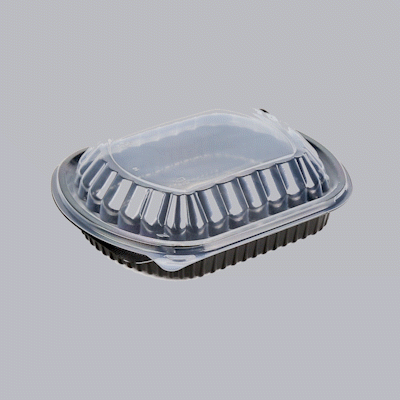Chef 101 34 oz Oval Black Plastic Food Container - with Clear Lid, Microwavable - 9 1/2" x 8" x 2 3/4" - 50 count box