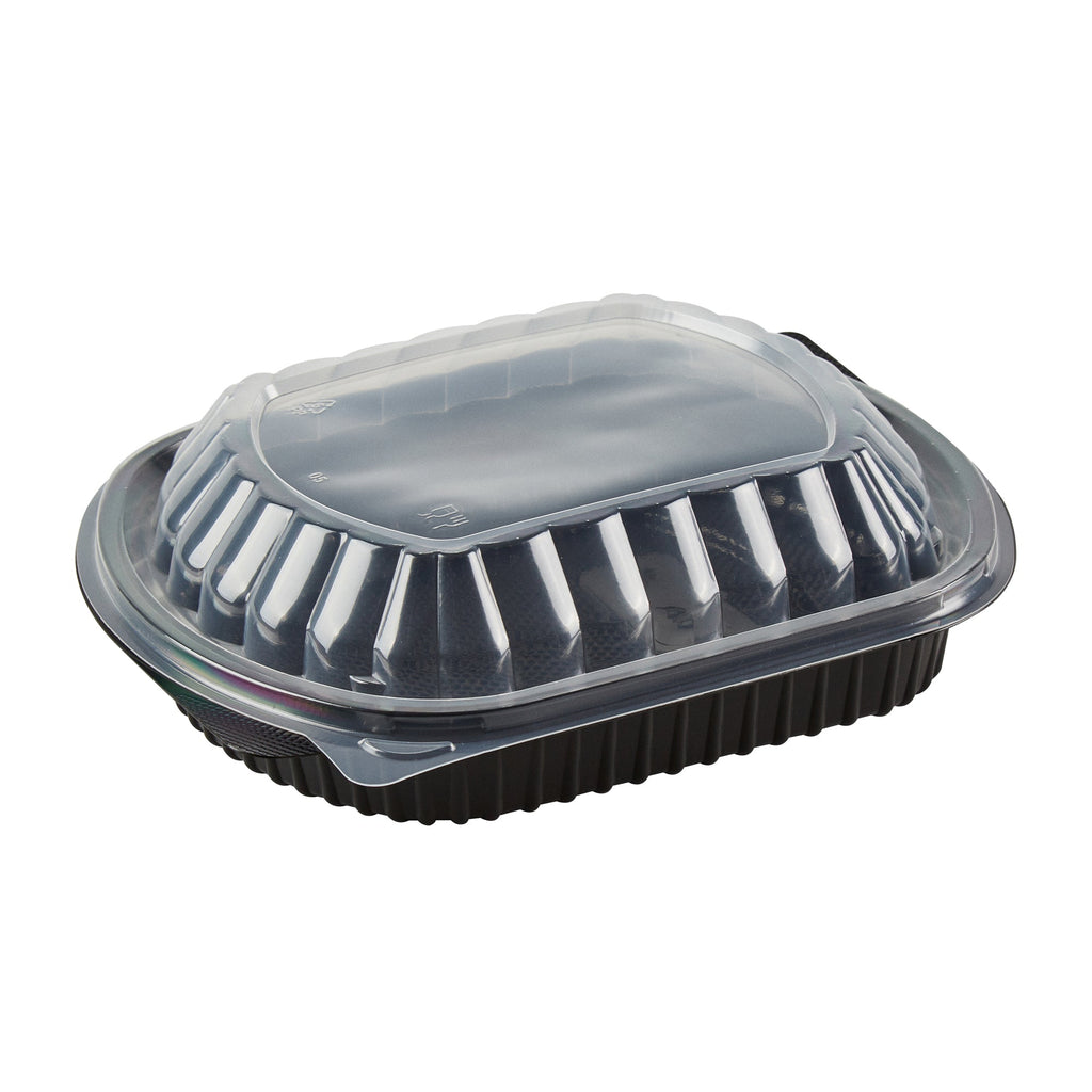 Chef 101 34 oz Oval Black Plastic Food Container - with Clear Lid, Microwavable - 9 1/2" x 8" x 2 3/4" - 50 count box