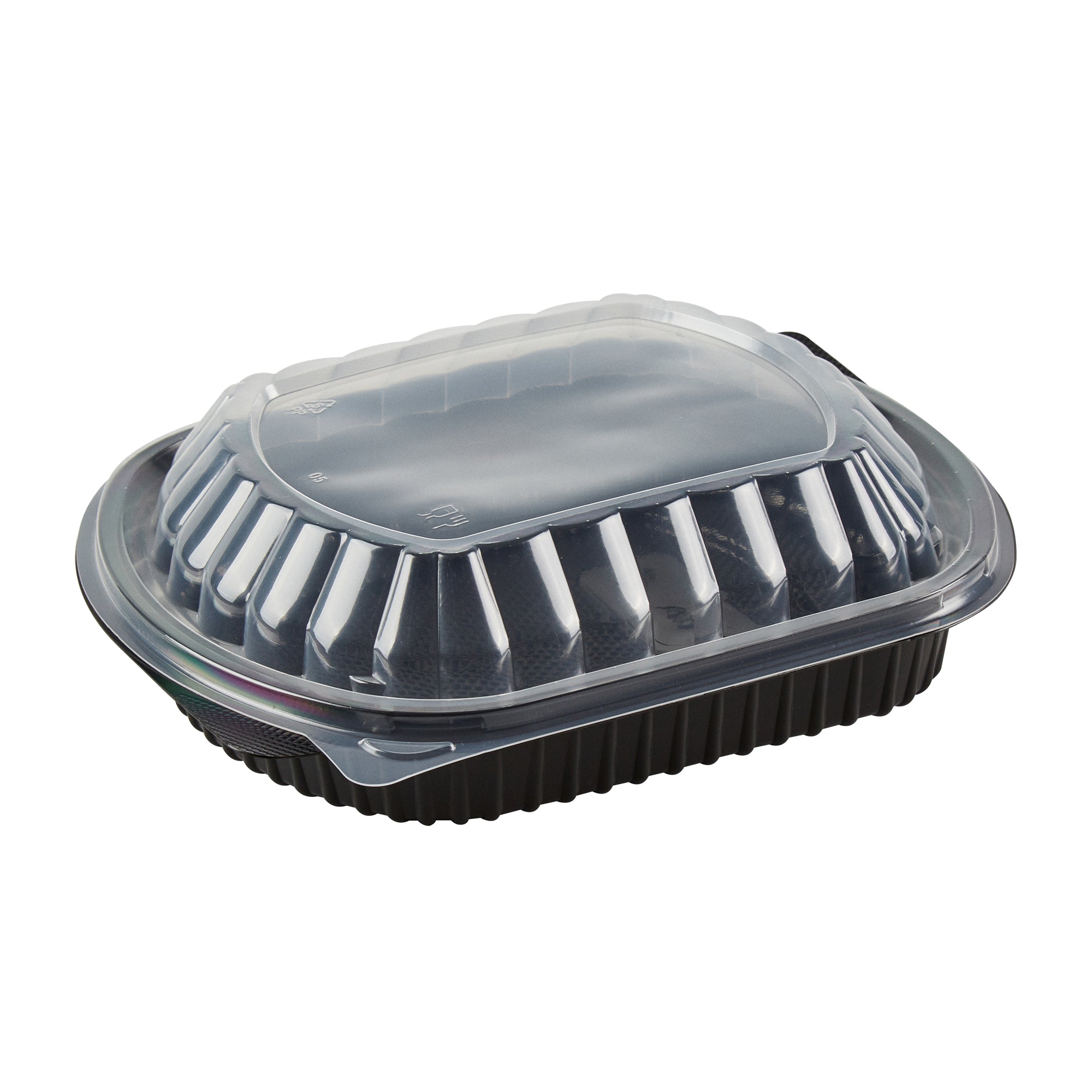 Chef 101 34 oz Oval Black Plastic Food Container - with Clear Lid, Microwavable - 9 1/2" x 8" x 2 3/4" - 50 count box