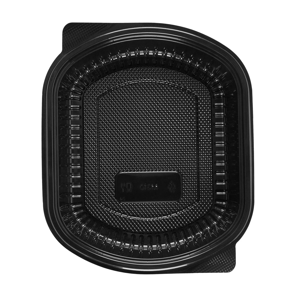 Chef 101 34 oz Oval Black Plastic Food Container - with Clear Lid, Microwavable - 9 1/2" x 8" x 2 3/4" - 50 count box