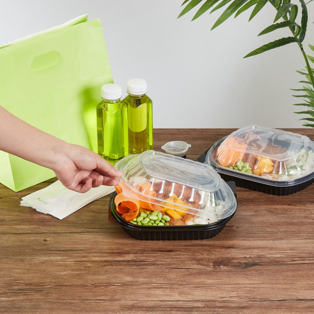Chef 101 34 oz Oval Black Plastic Food Container - with Clear Lid, Microwavable - 9 1/2" x 8" x 2 3/4" - 50 count box