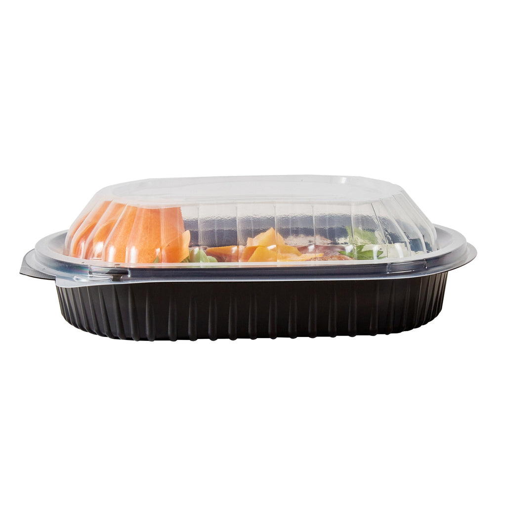 Chef 101 34 oz Oval Black Plastic Food Container - with Clear Lid, Microwavable - 9 1/2" x 8" x 2 3/4" - 100 count box