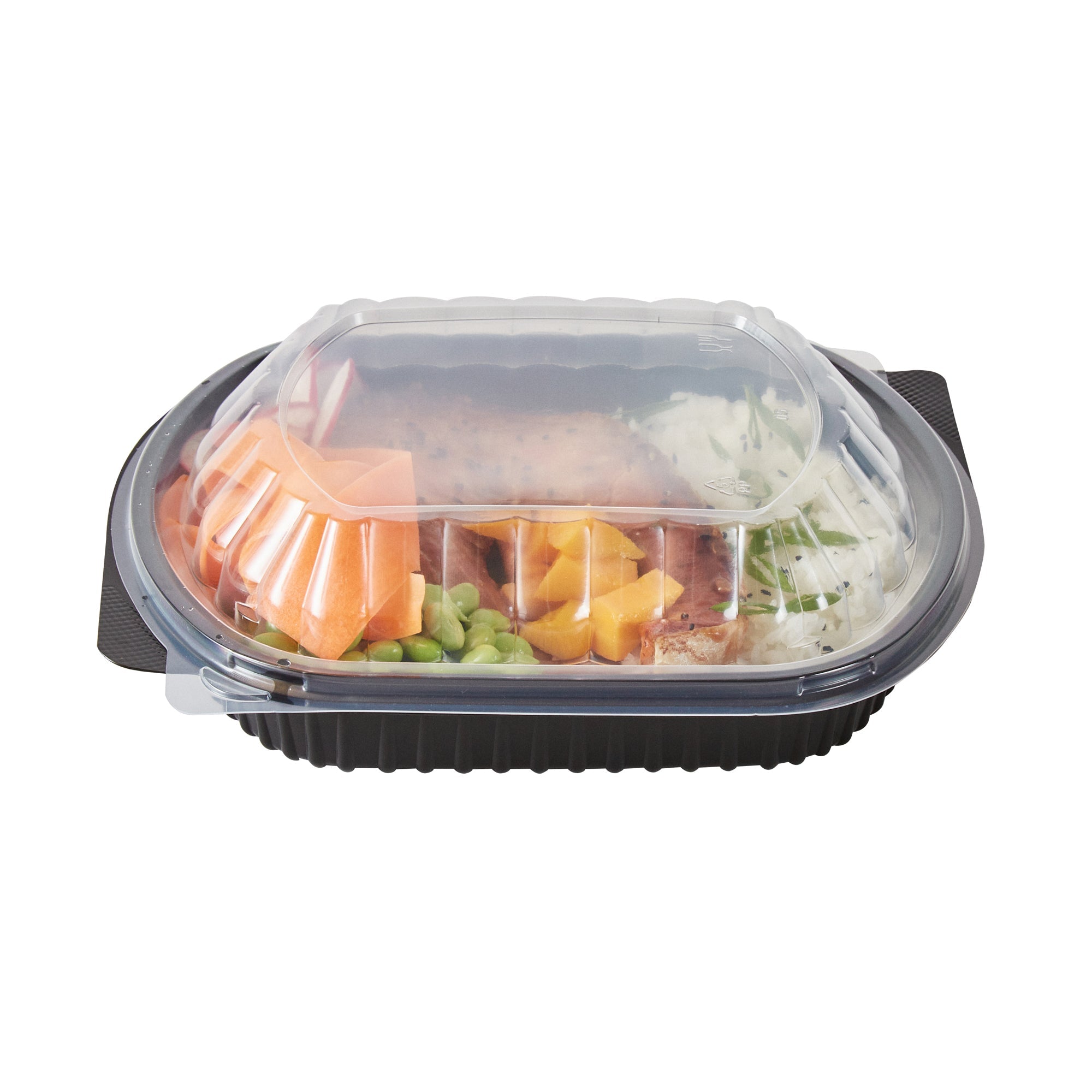 Chef 101 34 oz Oval Black Plastic Food Container - with Clear Lid, Microwavable - 9 1/2" x 8" x 2 3/4" - 100 count box