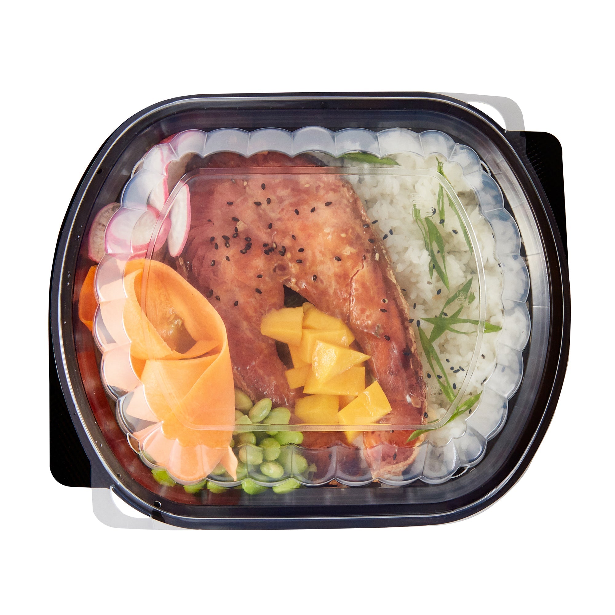 Chef 101 34 oz Oval Black Plastic Food Container - with Clear Lid, Microwavable - 9 1/2" x 8" x 2 3/4" - 100 count box