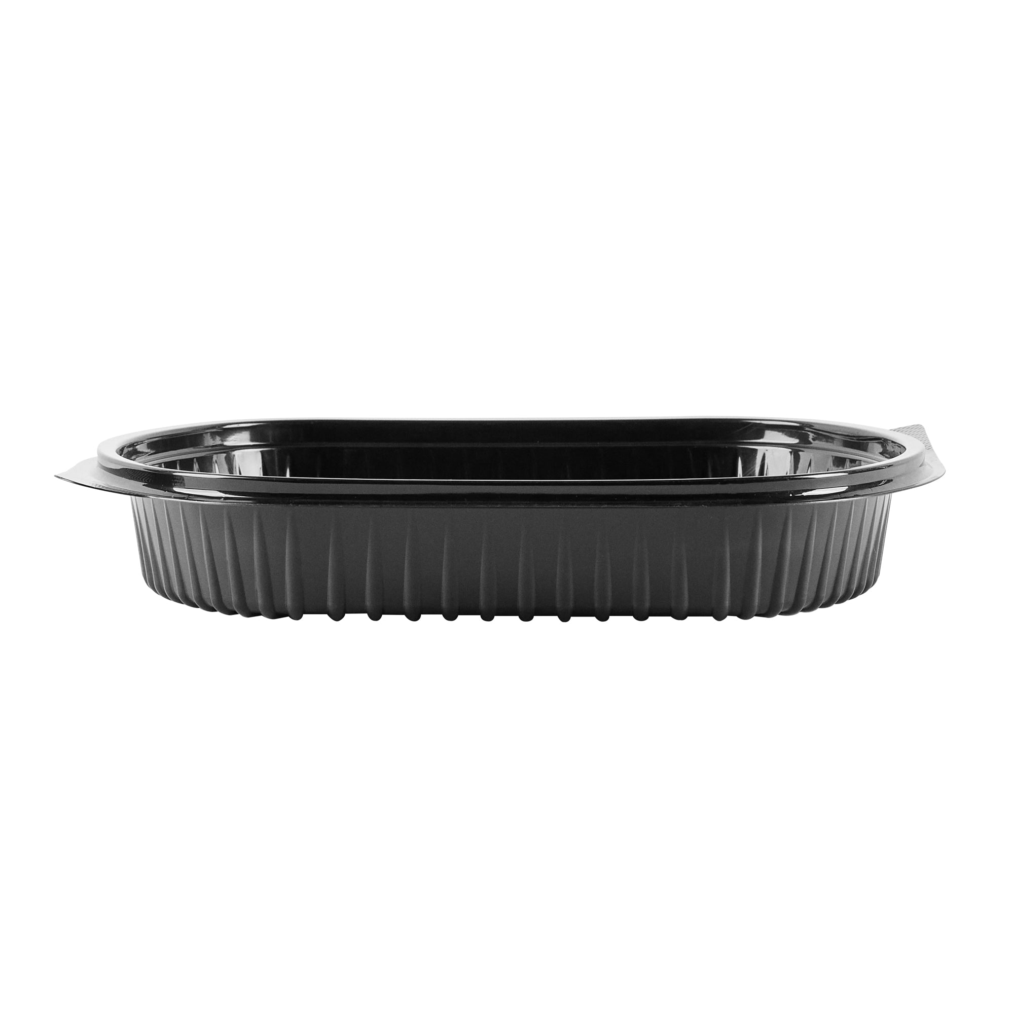 Chef 101 34 oz Oval Black Plastic Food Container - with Clear Lid, Microwavable - 9 1/2" x 8" x 2 3/4" - 100 count box