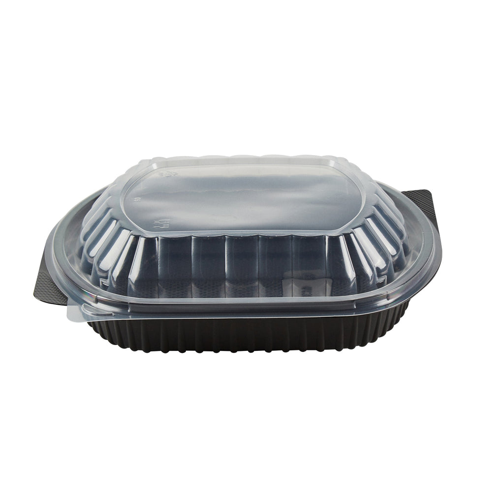 Chef 101 34 oz Oval Black Plastic Food Container - with Clear Lid, Microwavable - 9 1/2" x 8" x 2 3/4" - 100 count box