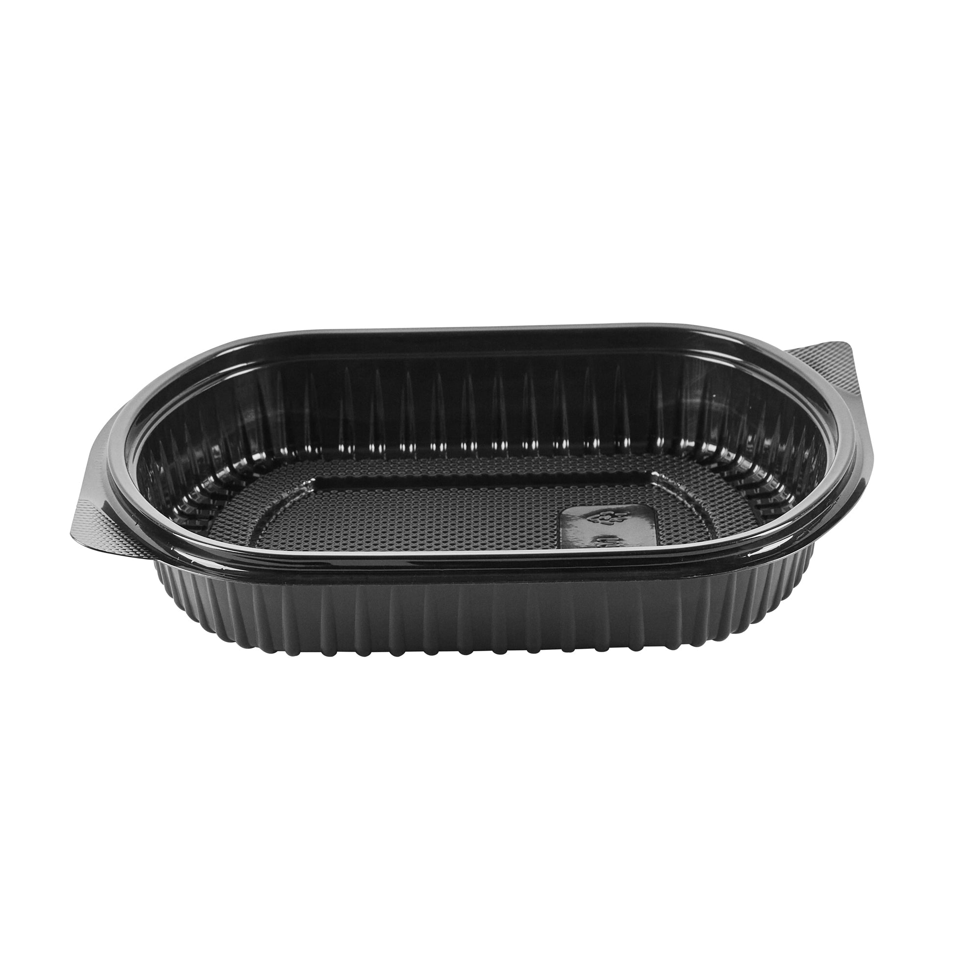 Chef 101 34 oz Oval Black Plastic Food Container - with Clear Lid, Microwavable - 9 1/2" x 8" x 2 3/4" - 100 count box