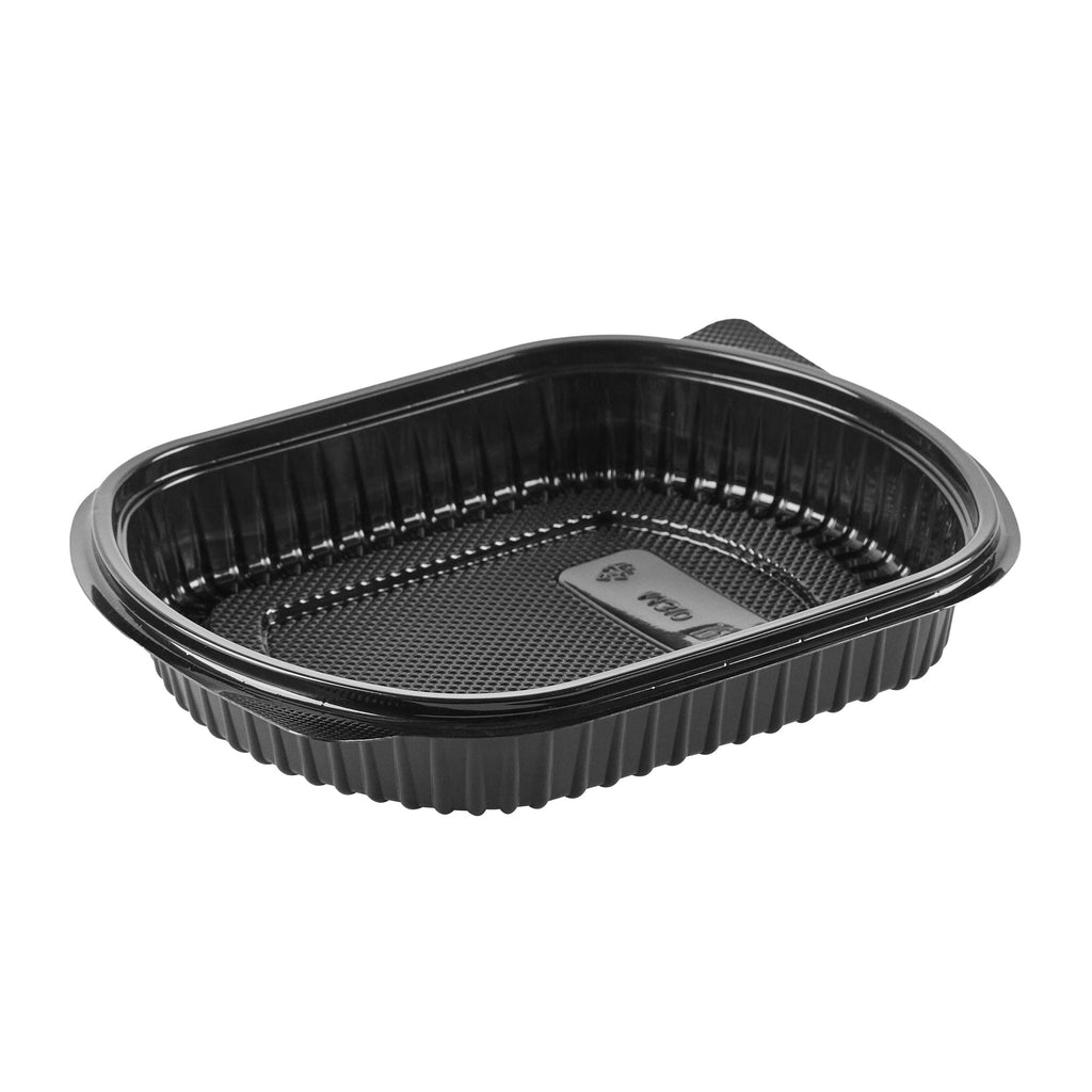Chef 101 34 oz Oval Black Plastic Food Container - with Clear Lid, Microwavable - 9 1/2" x 8" x 2 3/4" - 100 count box