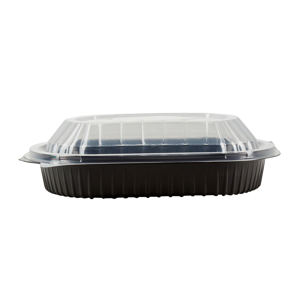 Chef 101 34 oz Oval Black Plastic Food Container - with Clear Lid, Microwavable - 9 1/2" x 8" x 2 3/4" - 100 count box