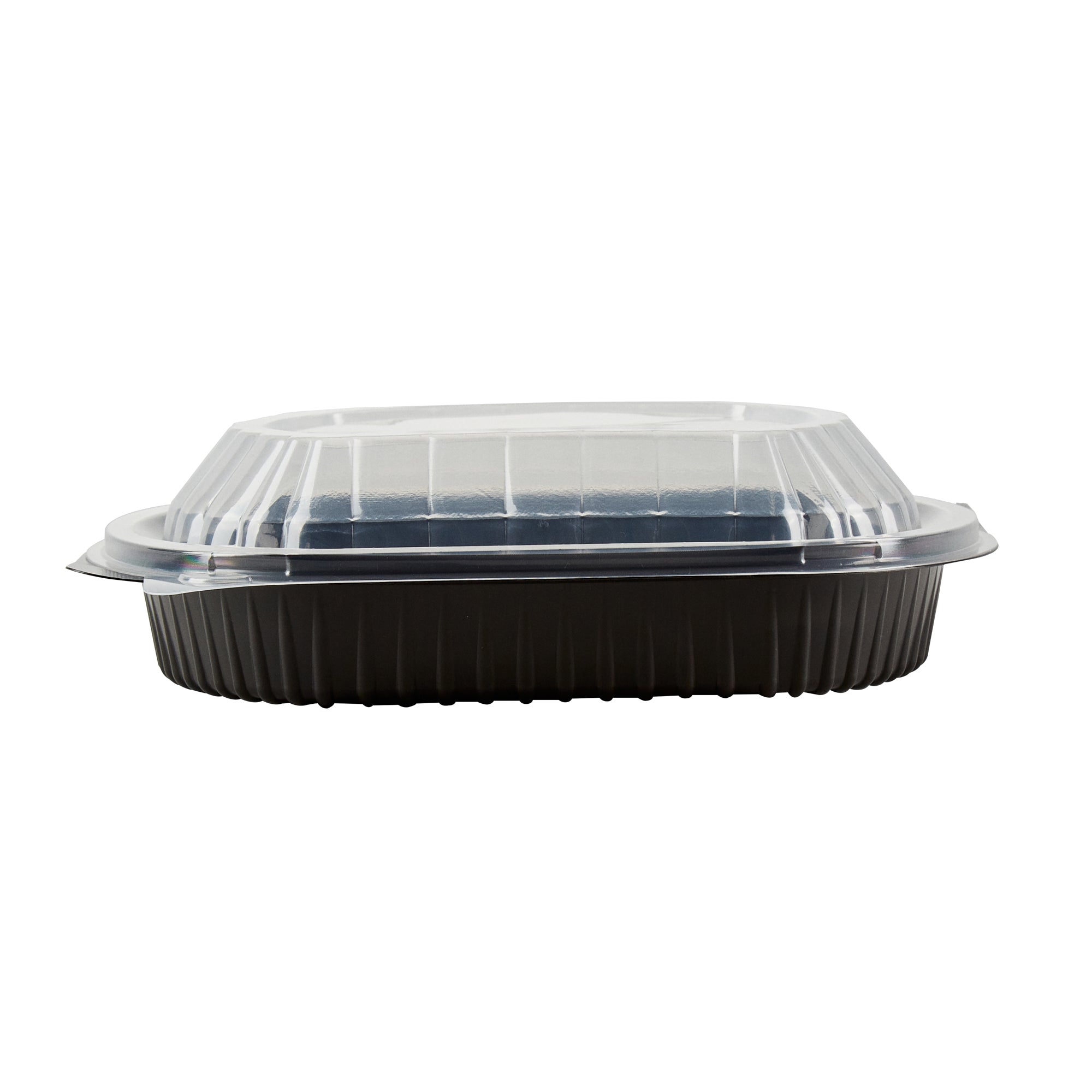 Chef 101 34 oz Oval Black Plastic Food Container - with Clear Lid, Microwavable - 9 1/2" x 8" x 2 3/4" - 100 count box