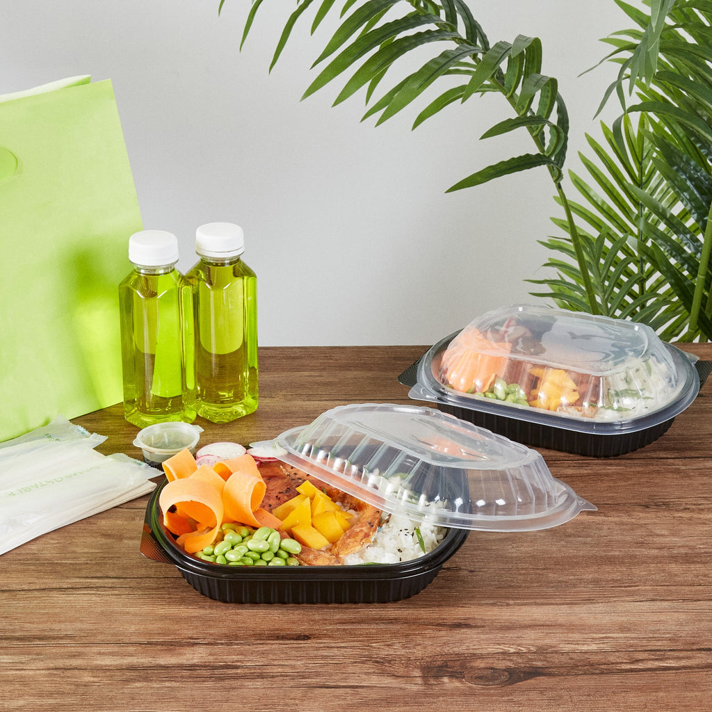 Chef 101 34 oz Oval Black Plastic Food Container - with Clear Lid, Microwavable - 9 1/2" x 8" x 2 3/4" - 100 count box