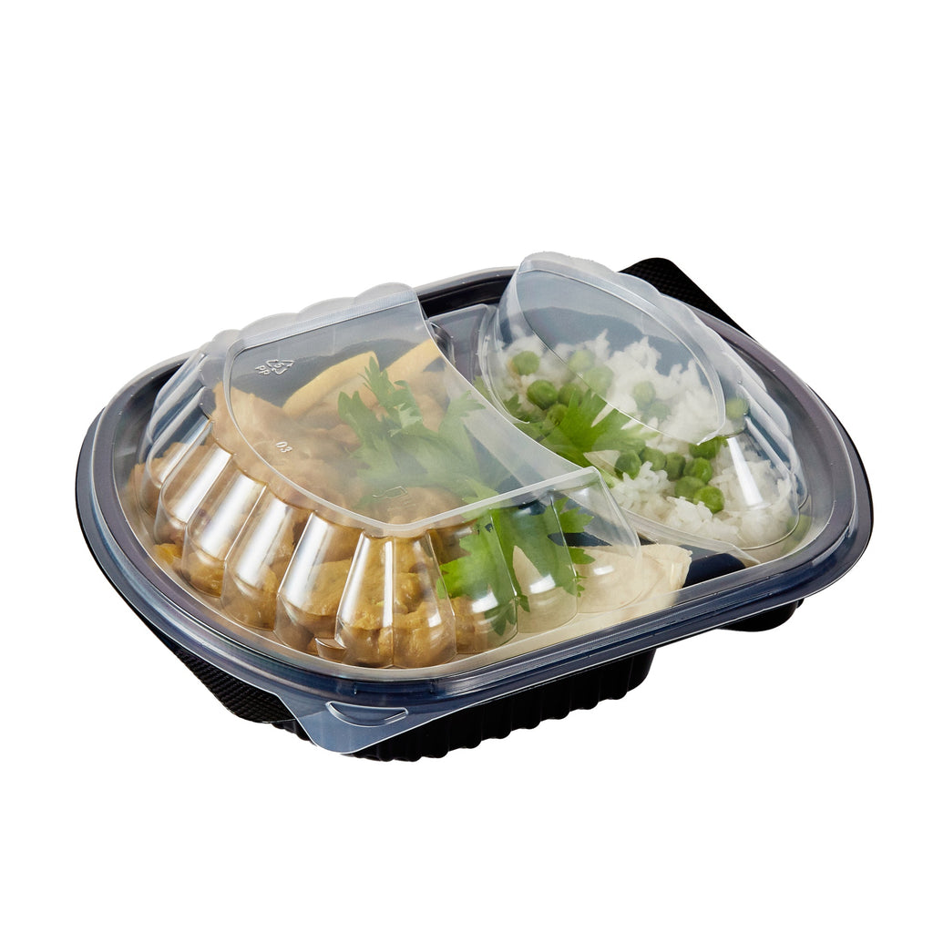 Chef 101 28 oz Oval Black Plastic Food Container - with Clear Lid, 2 Compartments, Microwavable - 9 1/2" x 8" x 2 3/4" - 100 count box