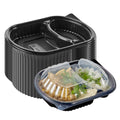 Chef 101 28 oz Oval Black Plastic Food Container - with Clear Lid, 2 Compartments, Microwavable - 9 1/2" x 8" x 2 3/4" - 100 count box