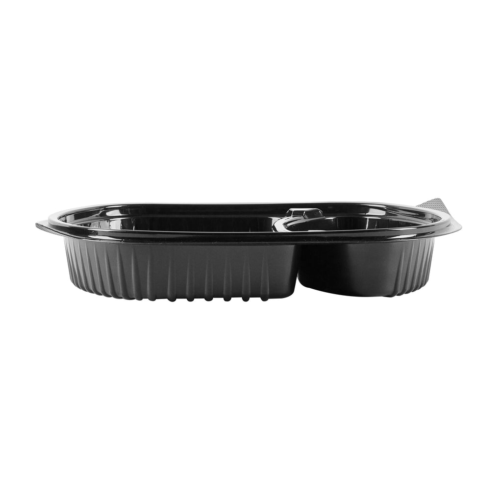 Chef 101 28 oz Oval Black Plastic Food Container - with Clear Lid, 2 Compartments, Microwavable - 9 1/2" x 8" x 2 3/4" - 50 count box