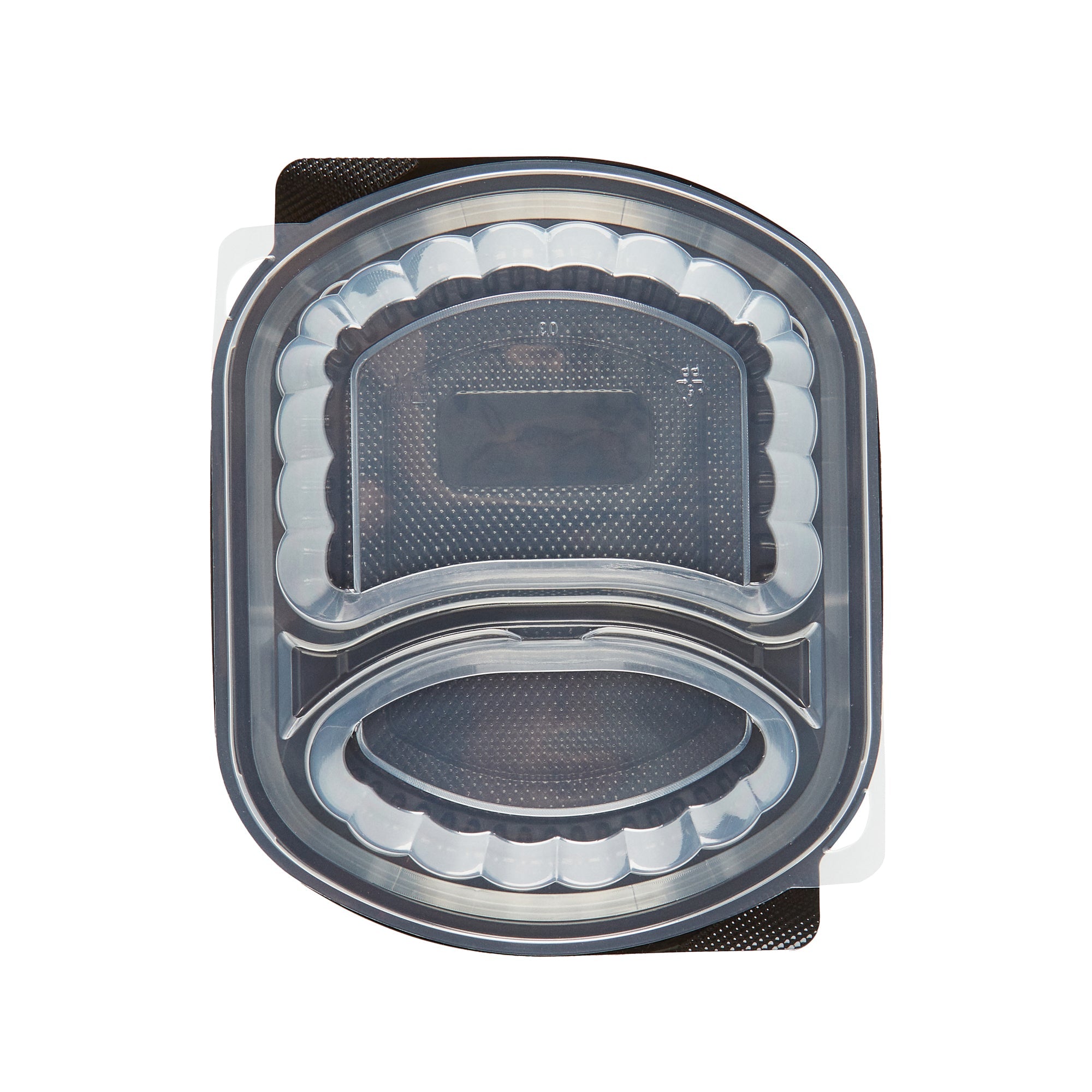 Chef 101 28 oz Oval Black Plastic Food Container - with Clear Lid, 2 Compartments, Microwavable - 9 1/2" x 8" x 2 3/4" - 50 count box