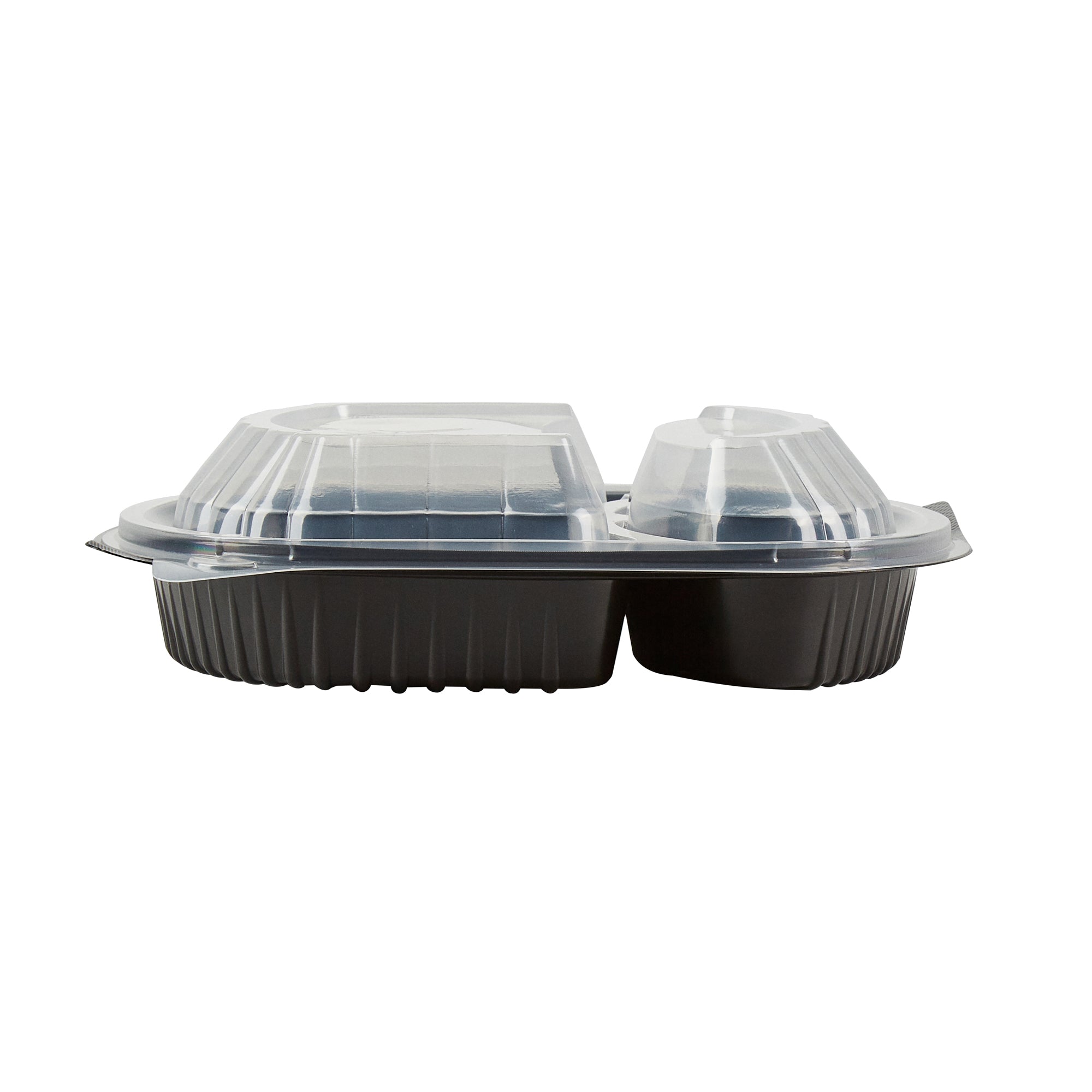 Chef 101 28 oz Oval Black Plastic Food Container - with Clear Lid, 2 Compartments, Microwavable - 9 1/2" x 8" x 2 3/4" - 50 count box