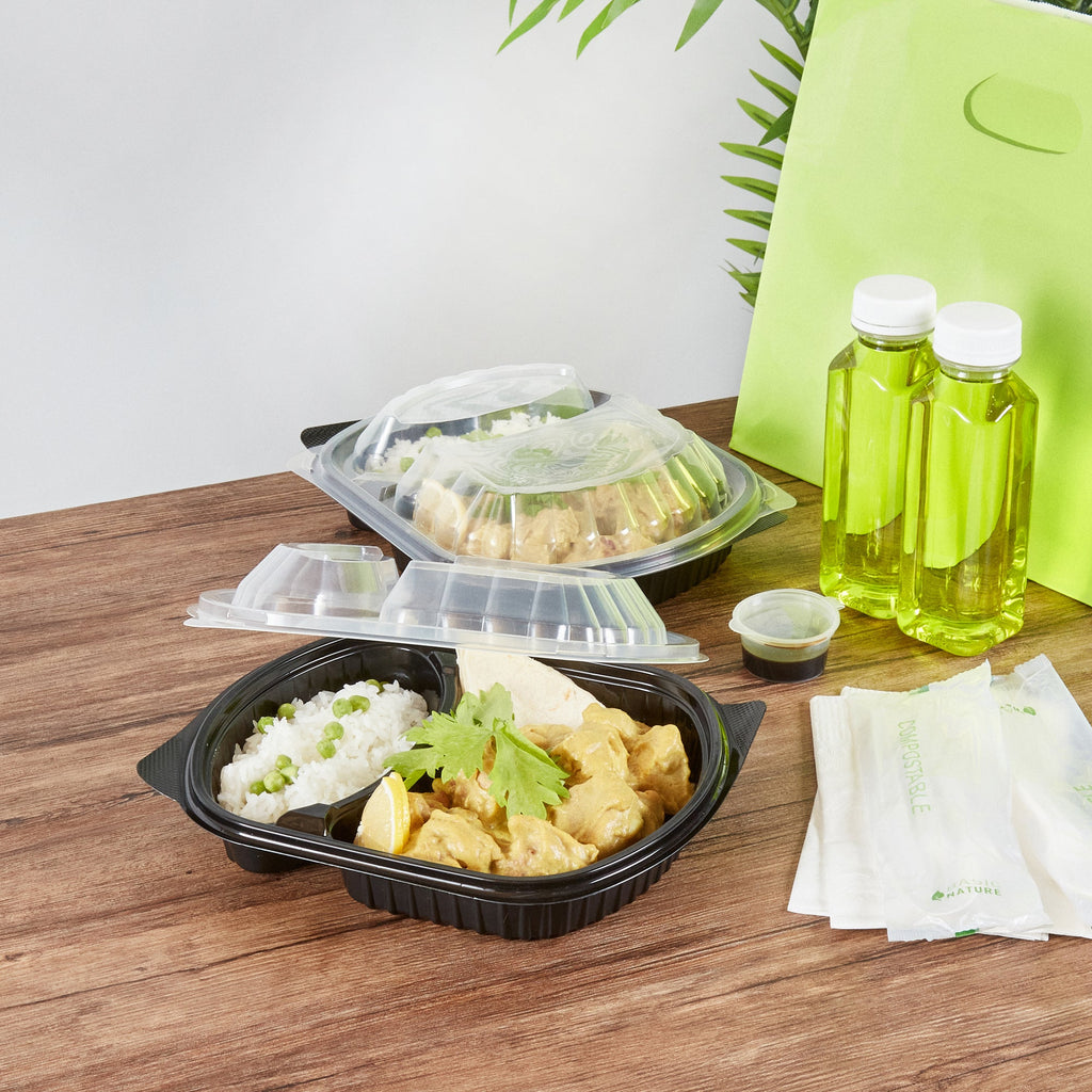 Chef 101 28 oz Oval Black Plastic Food Container - with Clear Lid, 2 Compartments, Microwavable - 9 1/2" x 8" x 2 3/4" - 50 count box