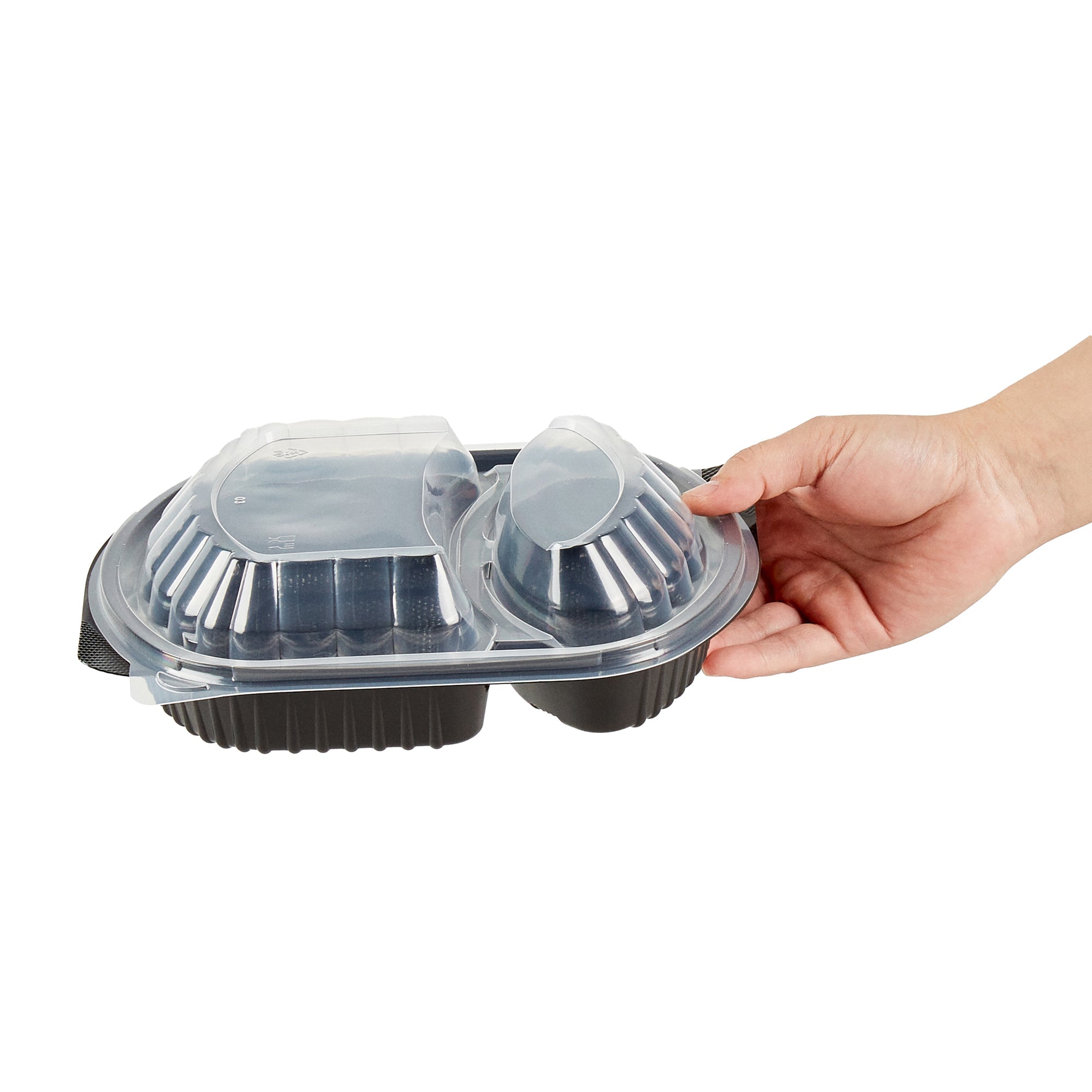 Chef 101 28 oz Oval Black Plastic Food Container - with Clear Lid, 2 Compartments, Microwavable - 9 1/2" x 8" x 2 3/4" - 100 count box