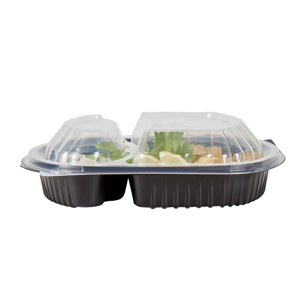 Chef 101 28 oz Oval Black Plastic Food Container - with Clear Lid, 2 Compartments, Microwavable - 9 1/2" x 8" x 2 3/4" - 100 count box