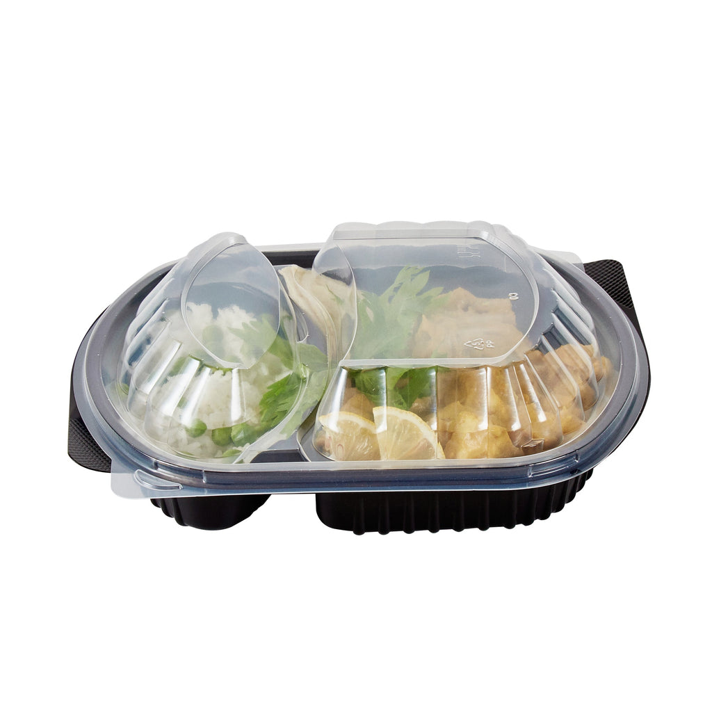 Chef 101 28 oz Oval Black Plastic Food Container - with Clear Lid, 2 Compartments, Microwavable - 9 1/2" x 8" x 2 3/4" - 100 count box