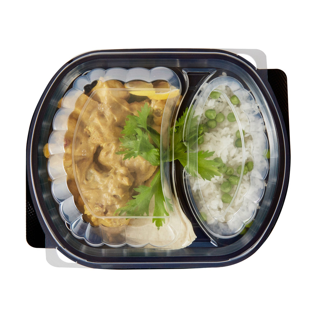 Chef 101 28 oz Oval Black Plastic Food Container - with Clear Lid, 2 Compartments, Microwavable - 9 1/2" x 8" x 2 3/4" - 100 count box