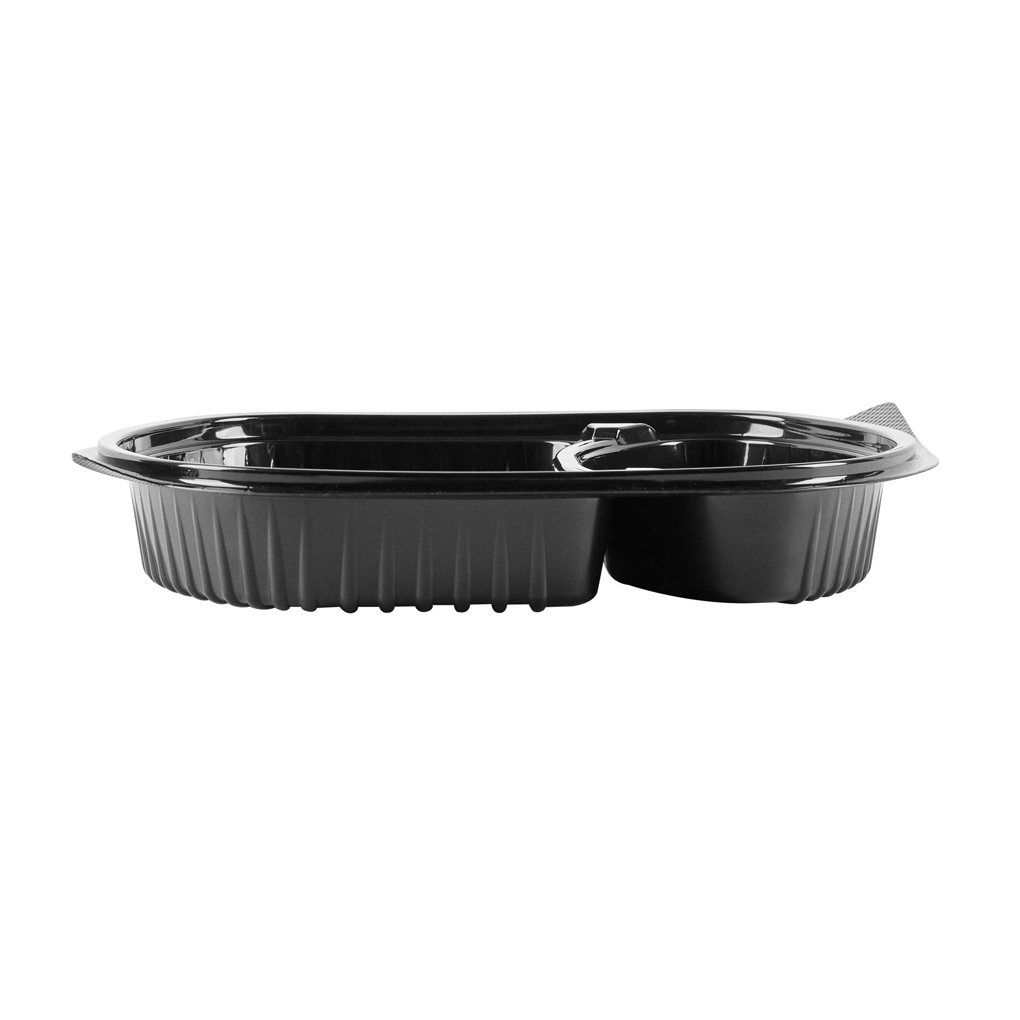 Chef 101 28 oz Oval Black Plastic Food Container - with Clear Lid, 2 Compartments, Microwavable - 9 1/2" x 8" x 2 3/4" - 100 count box