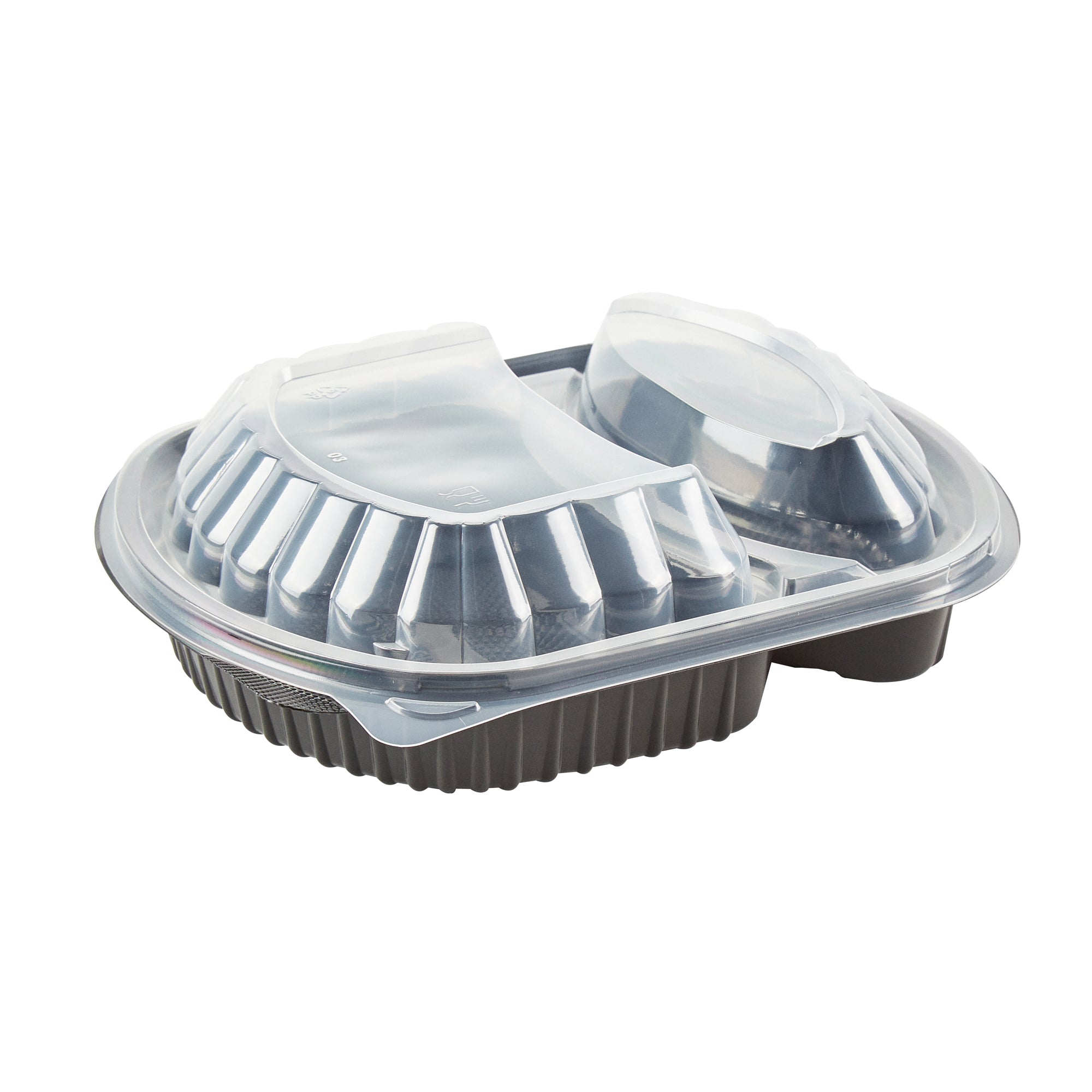 Chef 101 28 oz Oval Black Plastic Food Container - with Clear Lid, 2 Compartments, Microwavable - 9 1/2" x 8" x 2 3/4" - 100 count box