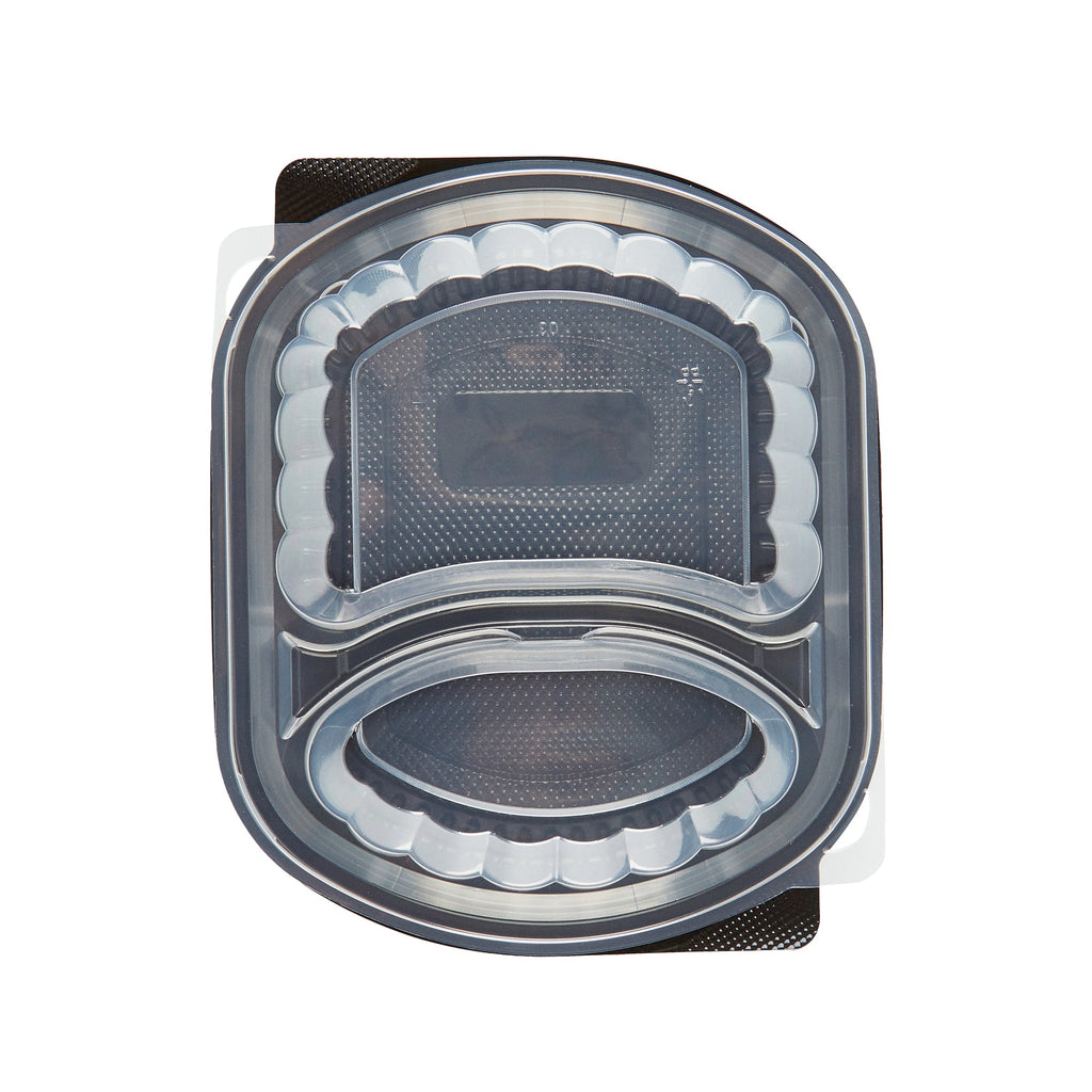 Chef 101 28 oz Oval Black Plastic Food Container - with Clear Lid, 2 Compartments, Microwavable - 9 1/2" x 8" x 2 3/4" - 100 count box