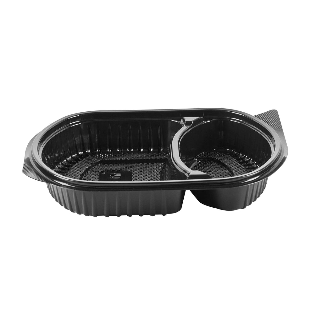 Chef 101 28 oz Oval Black Plastic Food Container - with Clear Lid, 2 Compartments, Microwavable - 9 1/2" x 8" x 2 3/4" - 100 count box
