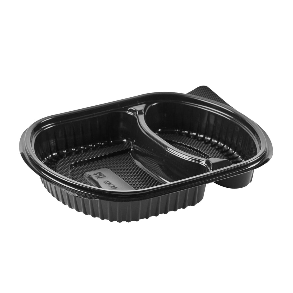 Chef 101 28 oz Oval Black Plastic Food Container - with Clear Lid, 2 Compartments, Microwavable - 9 1/2" x 8" x 2 3/4" - 100 count box