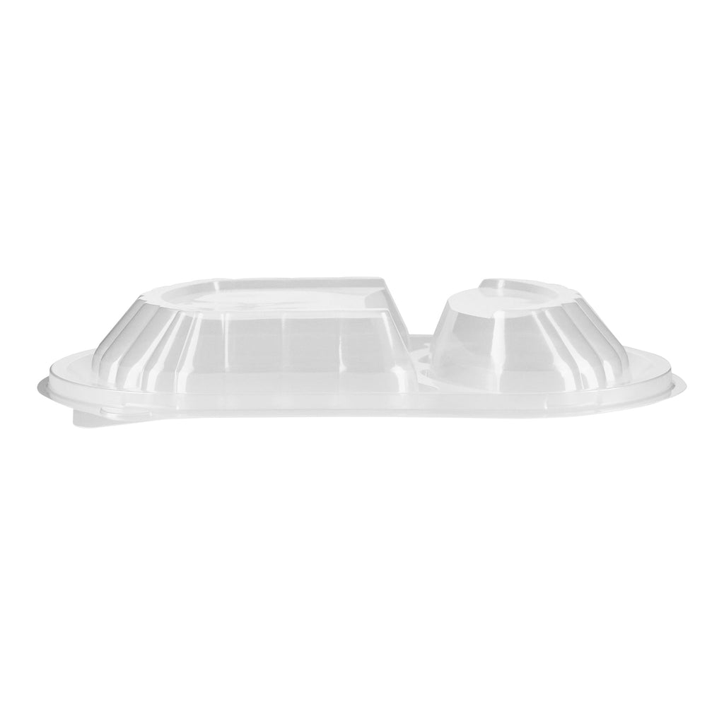 Chef 101 28 oz Oval Black Plastic Food Container - with Clear Lid, 2 Compartments, Microwavable - 9 1/2" x 8" x 2 3/4" - 100 count box