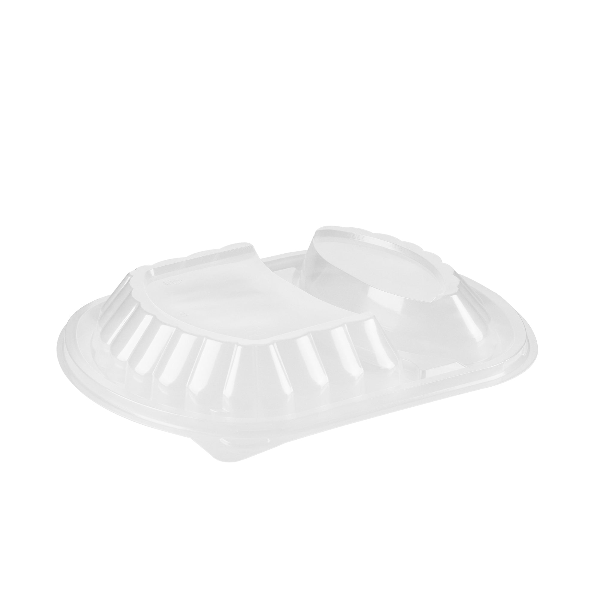 Chef 101 28 oz Oval Black Plastic Food Container - with Clear Lid, 2 Compartments, Microwavable - 9 1/2" x 8" x 2 3/4" - 100 count box