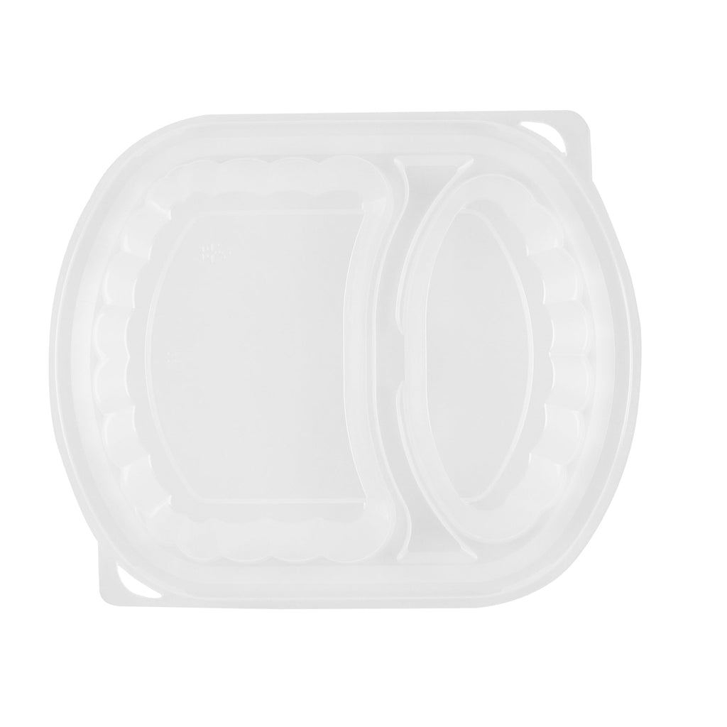 Chef 101 28 oz Oval Black Plastic Food Container - with Clear Lid, 2 Compartments, Microwavable - 9 1/2" x 8" x 2 3/4" - 100 count box