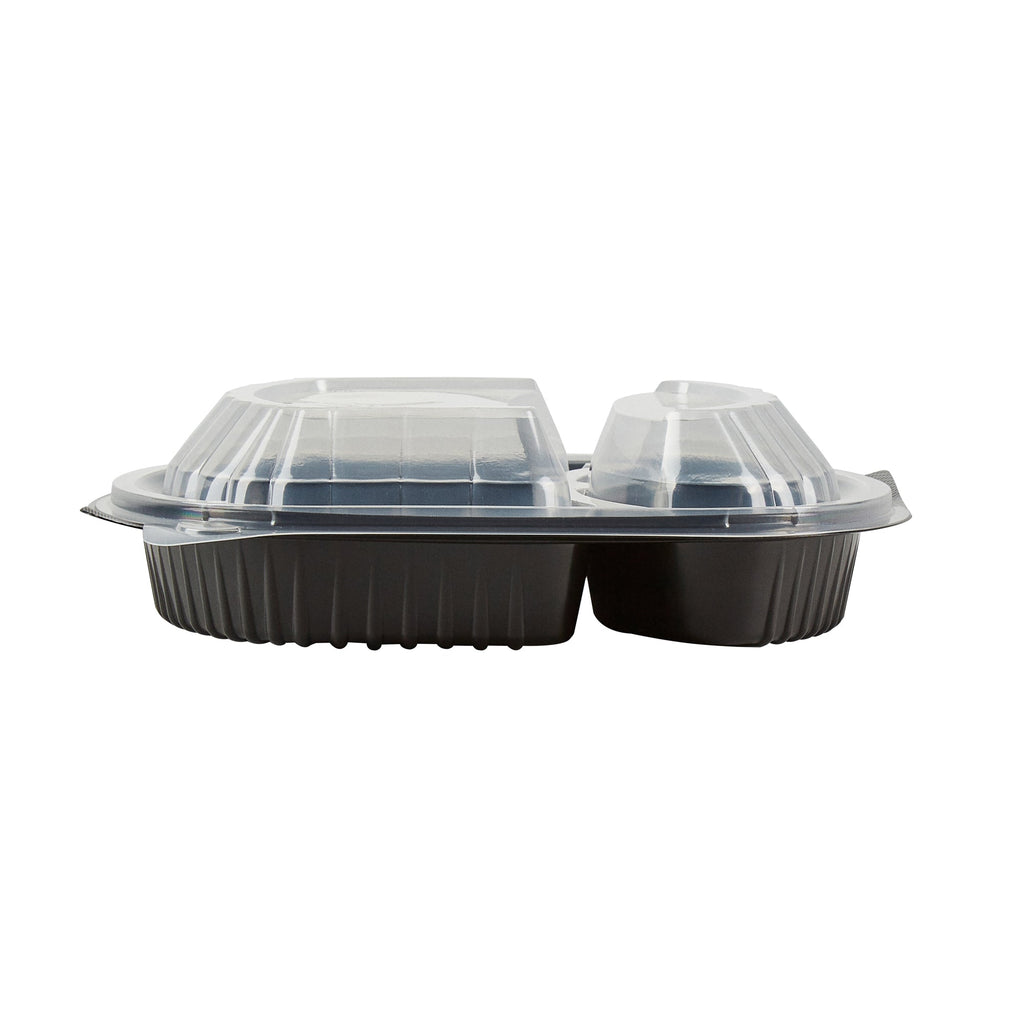 Chef 101 28 oz Oval Black Plastic Food Container - with Clear Lid, 2 Compartments, Microwavable - 9 1/2" x 8" x 2 3/4" - 100 count box