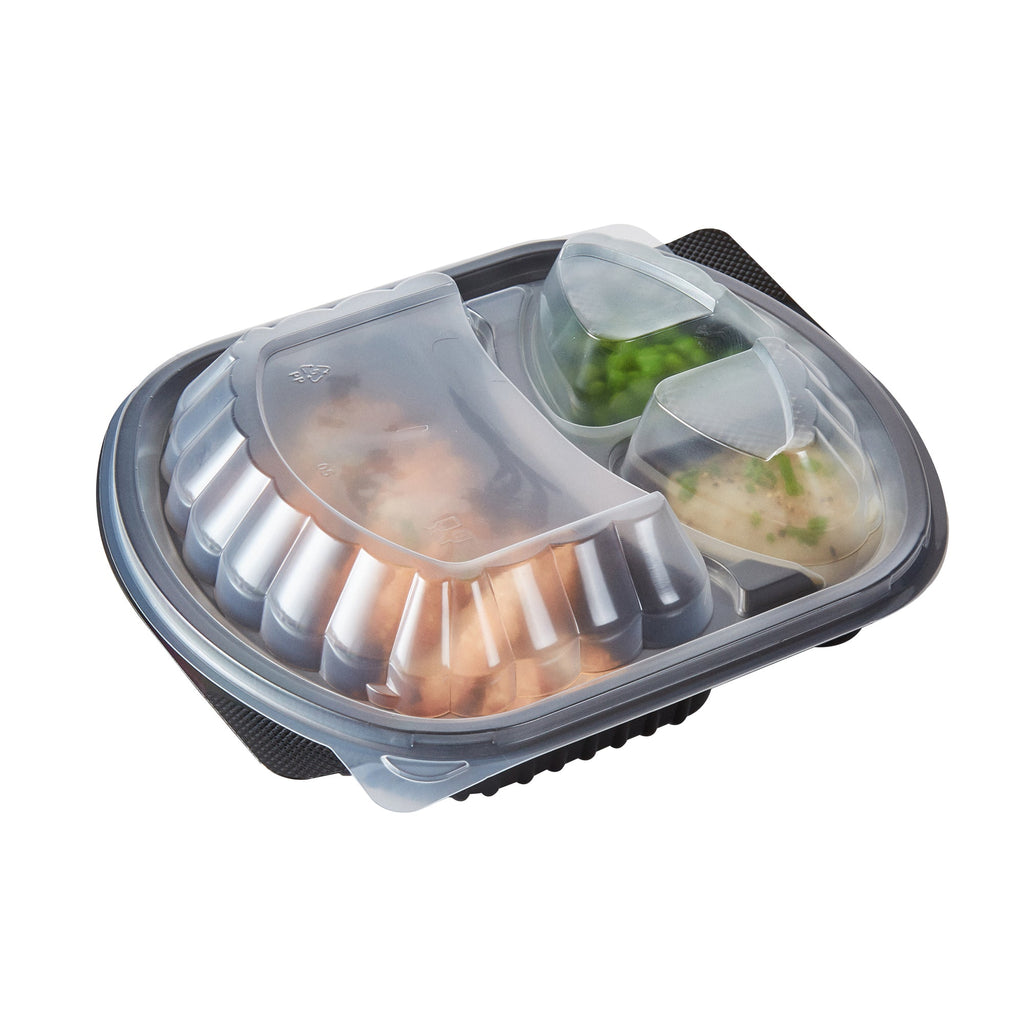 Chef 101 27 oz Oval Black Plastic Food Container - with Clear Lid, 3 Compartments, Microwavable - 9 1/2" x 8" x 2 3/4" - 100 count box