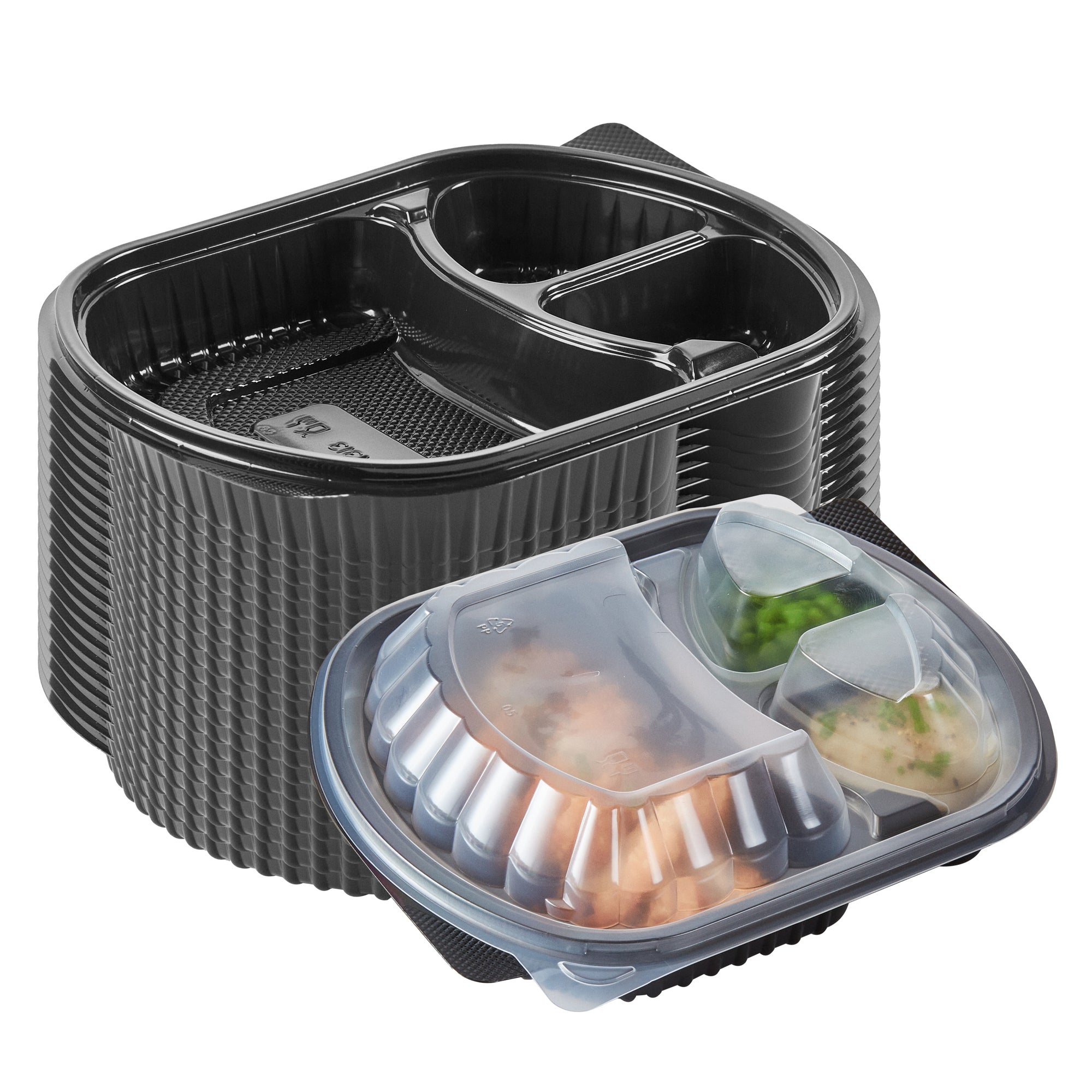 Chef 101 27 oz Oval Black Plastic Food Container - with Clear Lid, 3 Compartments, Microwavable - 9 1/2" x 8" x 2 3/4" - 100 count box