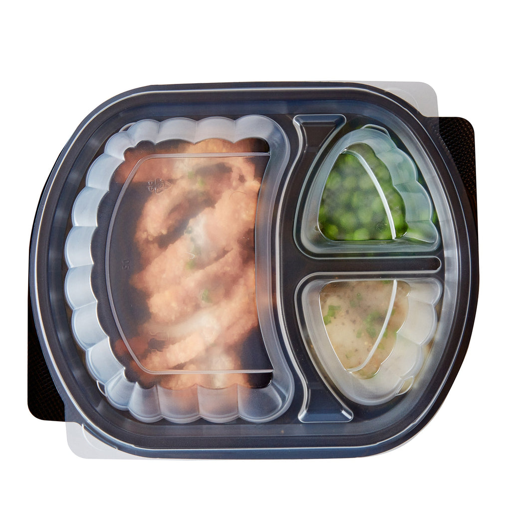 Chef 101 27 oz Oval Black Plastic Food Container - with Clear Lid, 3 Compartments, Microwavable - 9 1/2" x 8" x 2 3/4" - 50 count box