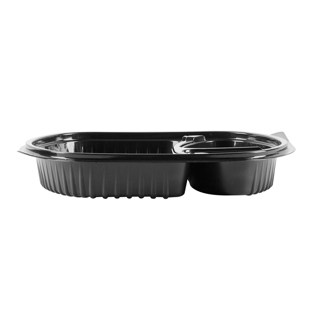 Chef 101 27 oz Oval Black Plastic Food Container - with Clear Lid, 3 Compartments, Microwavable - 9 1/2" x 8" x 2 3/4" - 50 count box