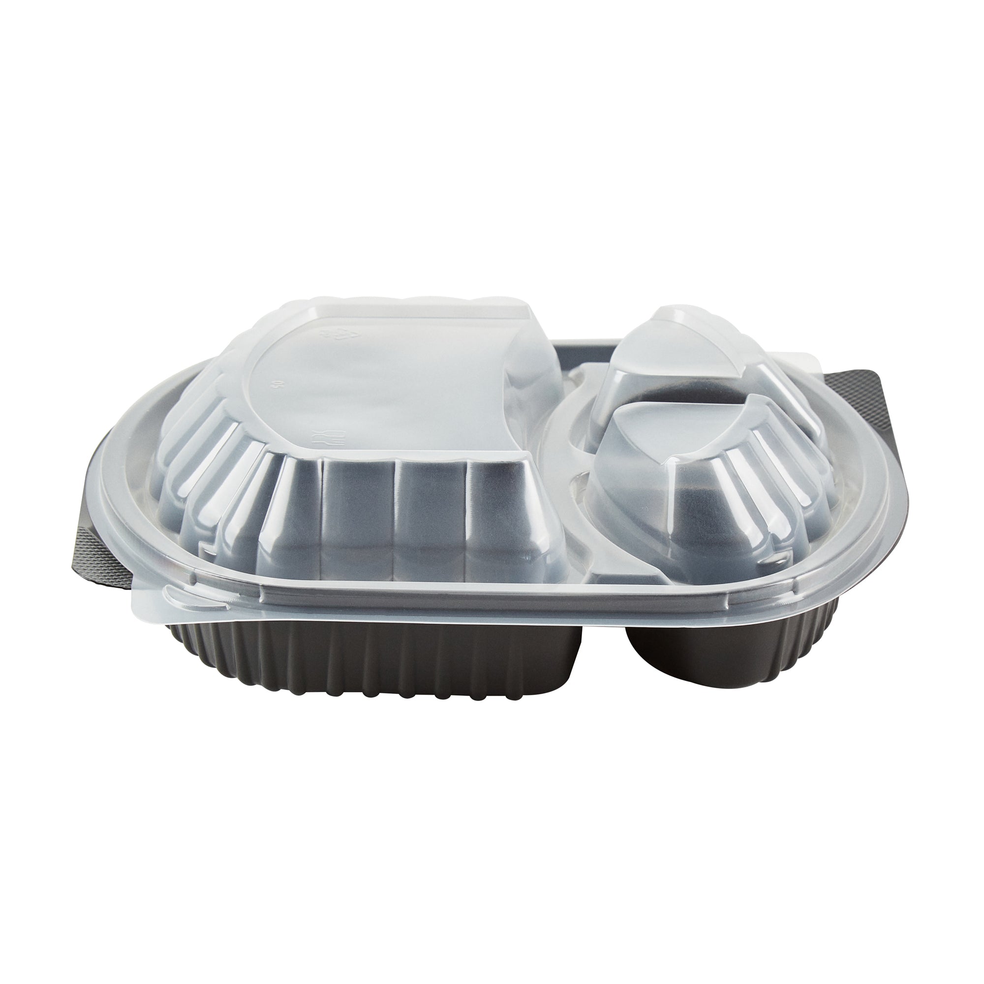 Chef 101 27 oz Oval Black Plastic Food Container - with Clear Lid, 3 Compartments, Microwavable - 9 1/2" x 8" x 2 3/4" - 50 count box