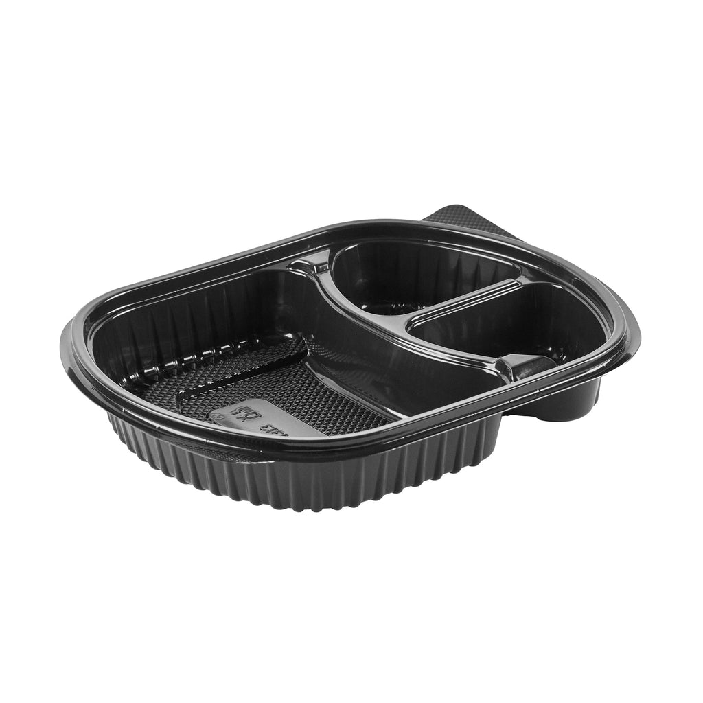 Chef 101 27 oz Oval Black Plastic Food Container - with Clear Lid, 3 Compartments, Microwavable - 9 1/2" x 8" x 2 3/4" - 50 count box