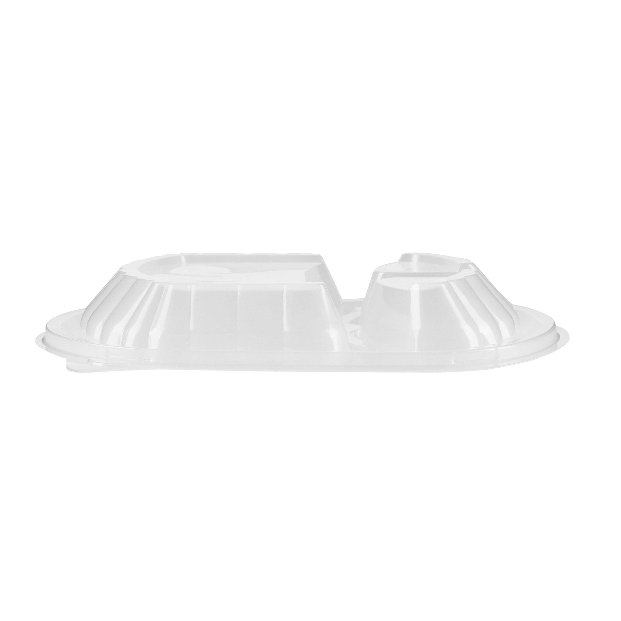 Chef 101 27 oz Oval Black Plastic Food Container - with Clear Lid, 3 Compartments, Microwavable - 9 1/2" x 8" x 2 3/4" - 50 count box