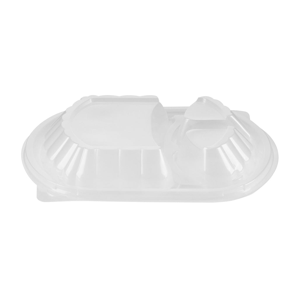 Chef 101 27 oz Oval Black Plastic Food Container - with Clear Lid, 3 Compartments, Microwavable - 9 1/2" x 8" x 2 3/4" - 50 count box