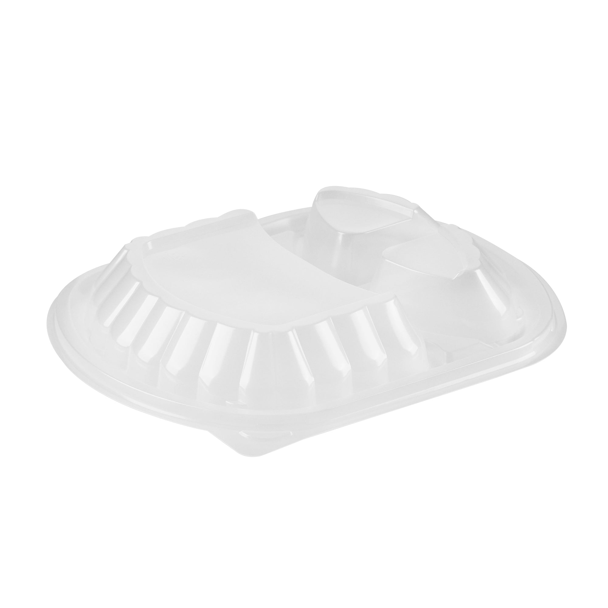 Chef 101 27 oz Oval Black Plastic Food Container - with Clear Lid, 3 Compartments, Microwavable - 9 1/2" x 8" x 2 3/4" - 50 count box