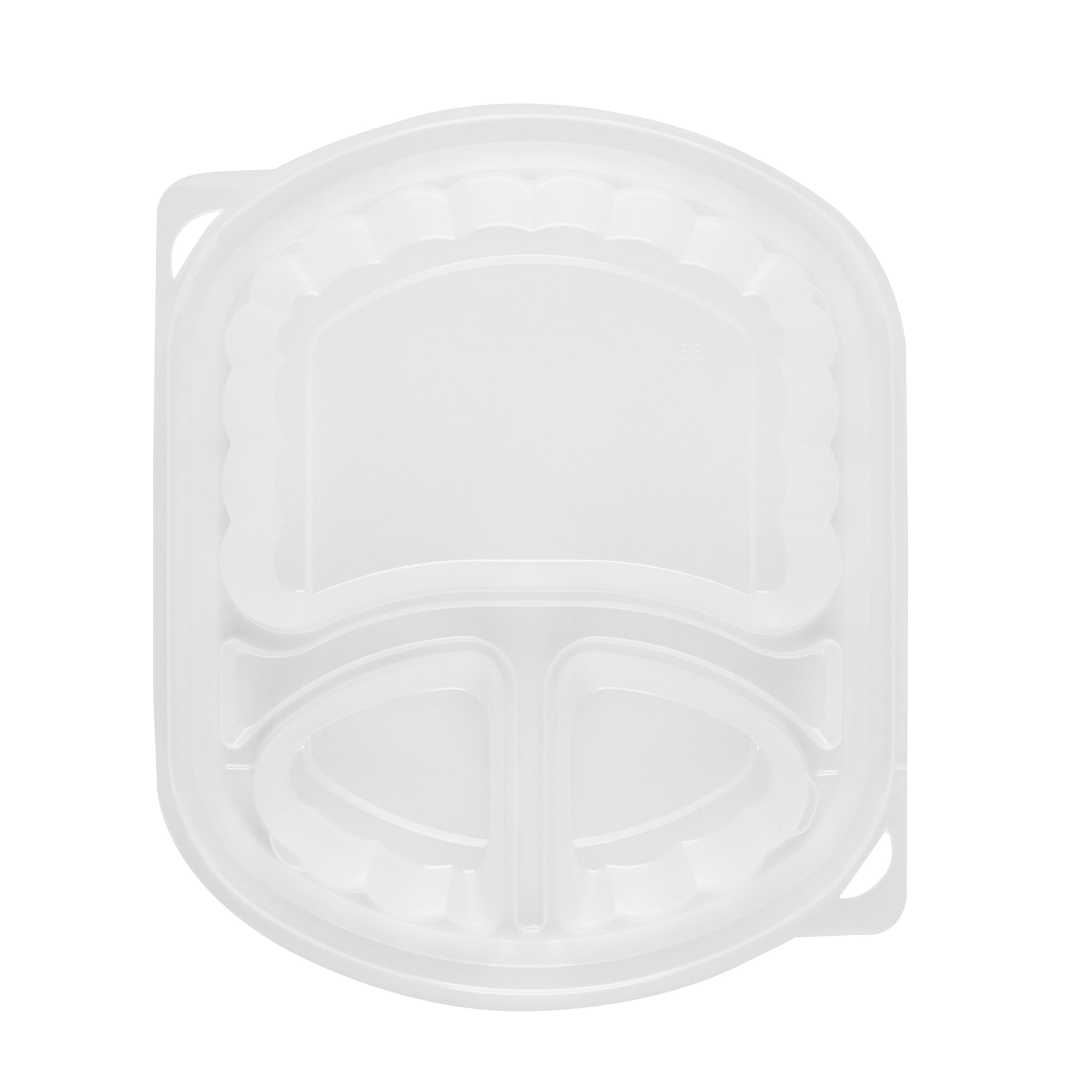Chef 101 27 oz Oval Black Plastic Food Container - with Clear Lid, 3 Compartments, Microwavable - 9 1/2" x 8" x 2 3/4" - 50 count box
